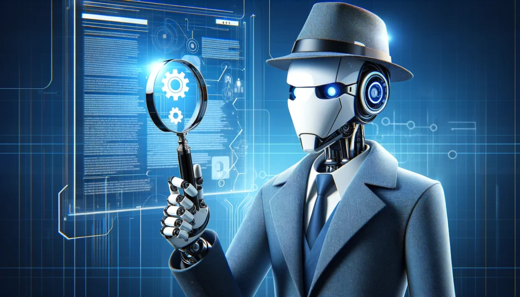 DALL·E 2024 05 31 19.06.48 A professional banner image for a blog article about detecting AI generated content. The banner should feature a robot detective holding a magnifying